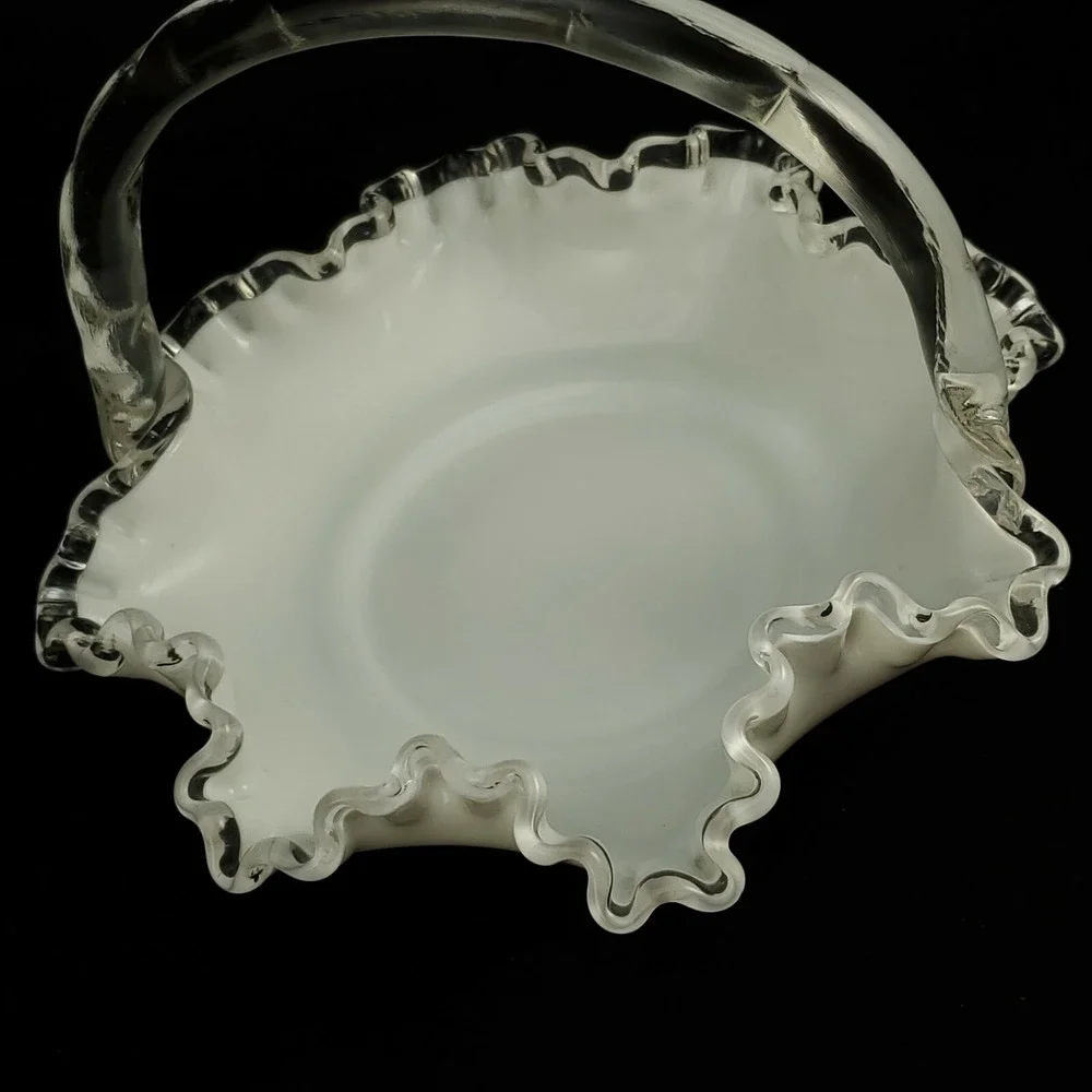 Fenton Silver Crest Brides Basket Ruffled Milk Glass Clear Glass Handle 8